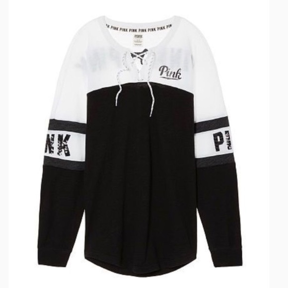 Victorias Secret PINK Bling Sequin Pure Black Triumph White Lace Up Varsity Crew - Picture 2 of 14